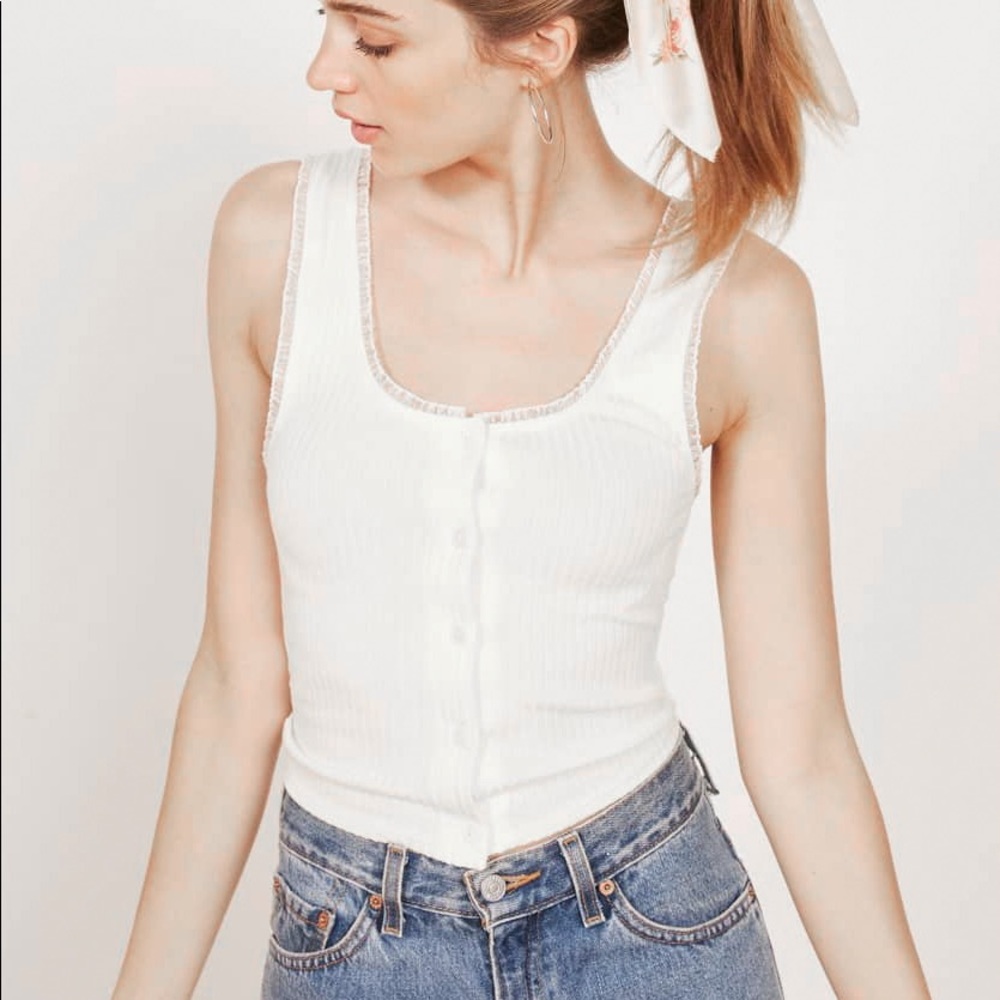 Reformation Gianna Lace Frill Trim Ribbed Knit Tank Top M